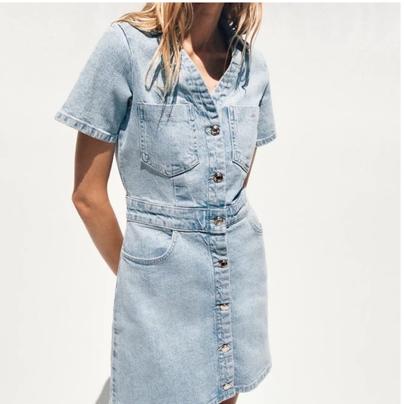 Zara Dresses & Skirts - Zara Light Wash Denim Dress XL NWT | Button Front Utility Mini Dress